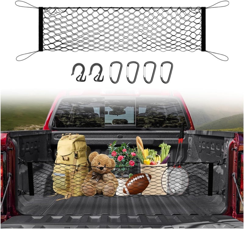 Canvcle شبكة حمولة سرير الشاحنة لسيارات 2019-2025 2026 GMC Sierra 1500/2020-2026 Chevy Silverado 2500 3500 ملحقات شبكة تنظيم وحفظ الأمتعة القابلة للتمدد من النايلون - Image 1